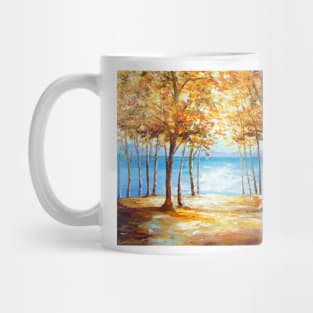 Autumn dawn on the bank of the river Mug